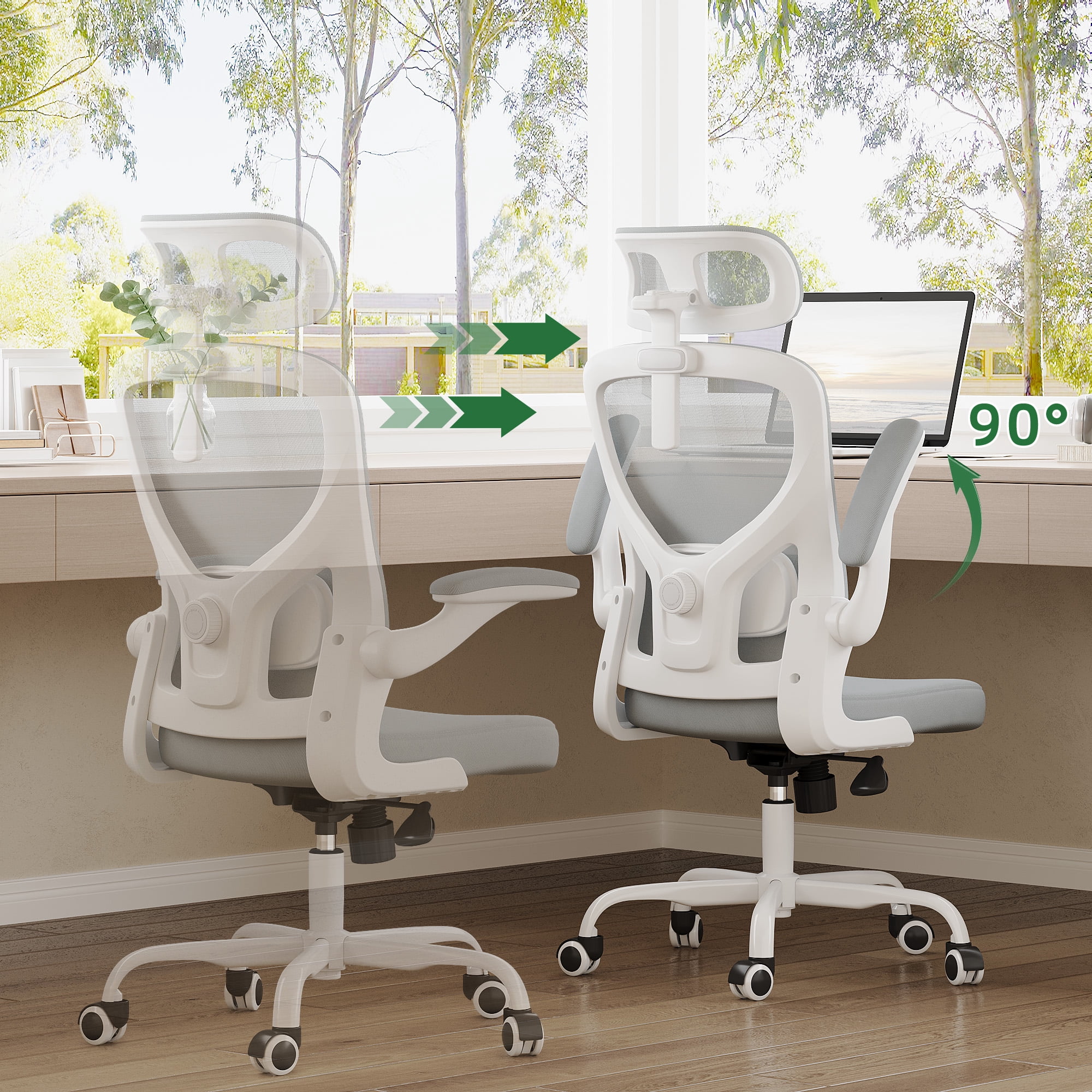 MAYEERTY Ergonomic Home Office Chair with Lumbar Support, Flip-Up Armrests, Headrest for Work & Study,Gray