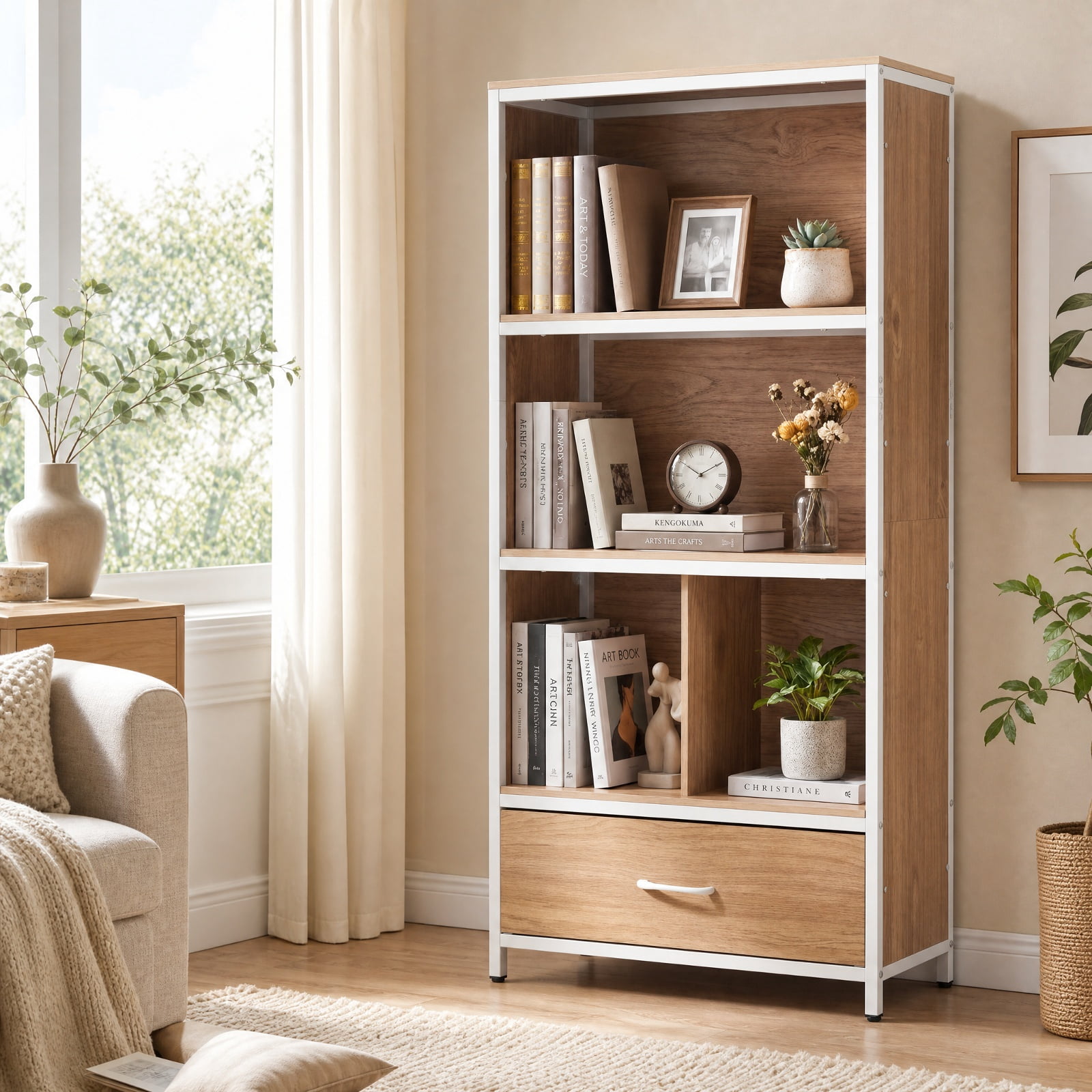 Furnibear 56" Tall Freestanding Bookcase with Drawer 5 Tier for Living Room Home Office Bedroom Display Storage Shelf, Natural