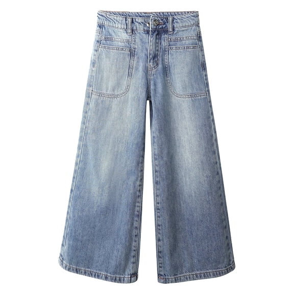 KIDSCOOL Girls Denim Pants Large Pocket Wide Leg Jeans,Light Blue,2-3 Years