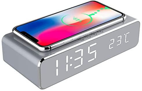 Multifunctional Fashion Alarm Clock With Usb Charger Qi Wireless Charging Large Led Portable Desktop Mini Mirror Date Time Temperature Display For Living Room Bedroom Office Travel Canada Usb Charger Qi Wireless Charging, Multifunctional Desktop Alarm Clock Wireless Charger
