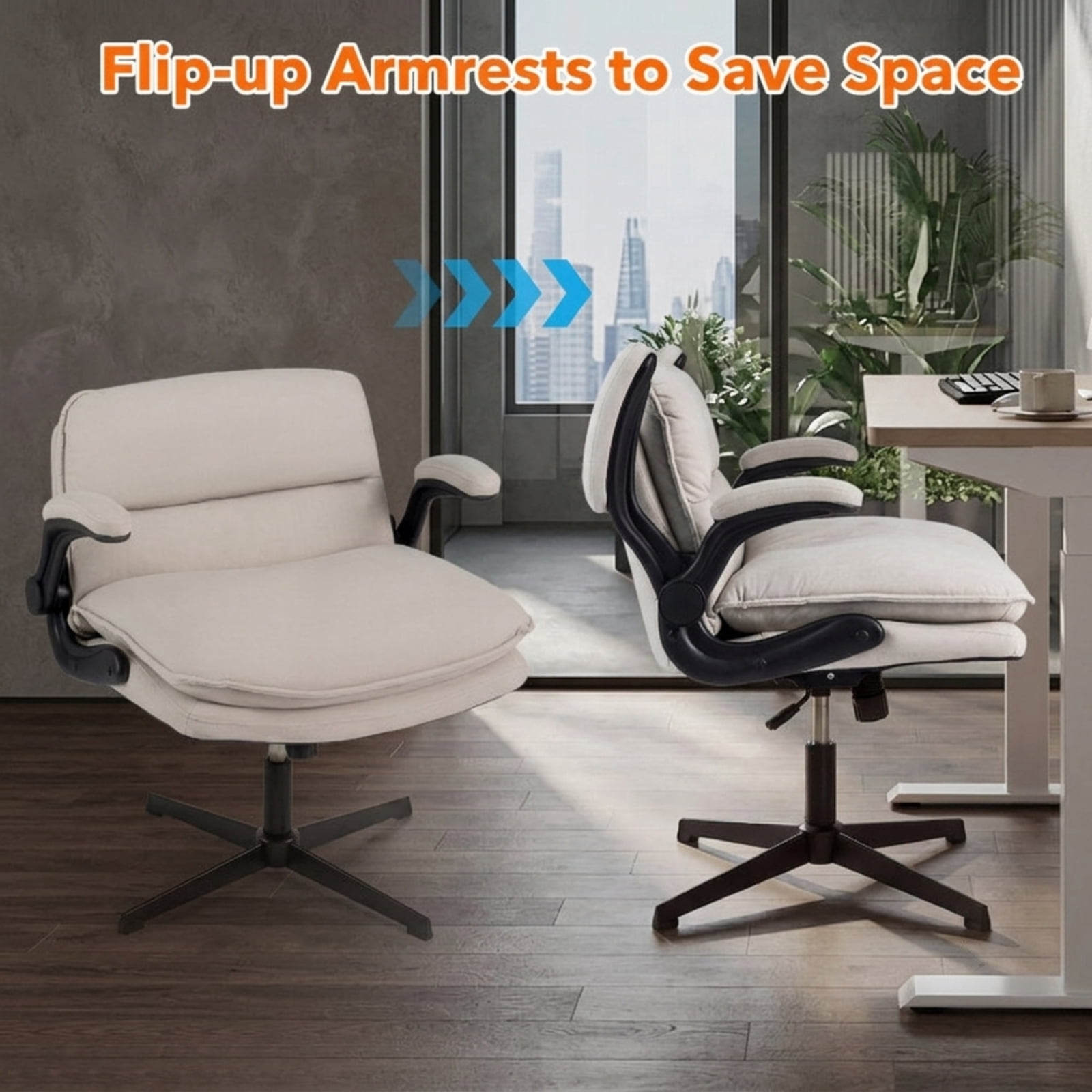 Furnibear Ergonomic Office Desk Chair with Flip-Up Arms, Height Adjustable Criss Cross Rocking Task Chair with Wide Backrest and Padded Seat, Beige