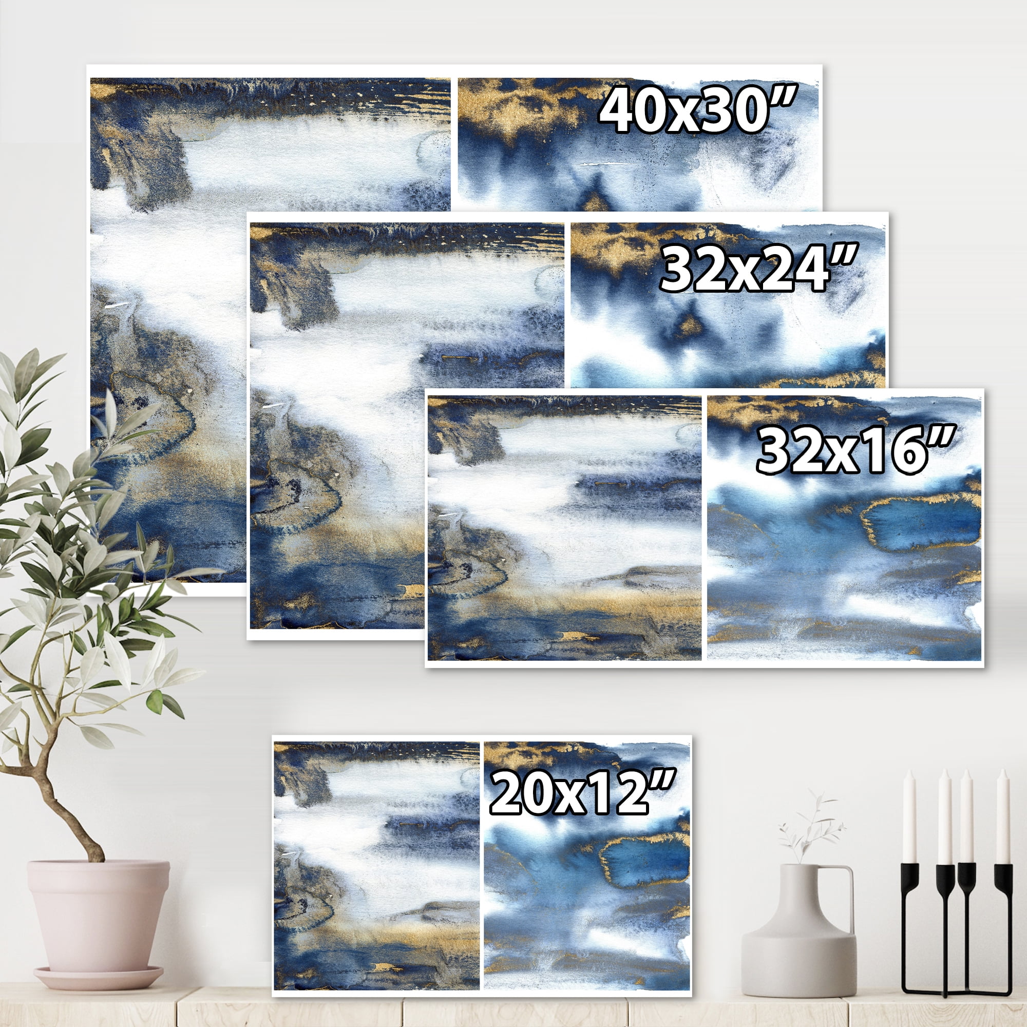 Designart ' Gold and Dark Blue Abstract Waves I ' Modern Canvas Wall Art Print