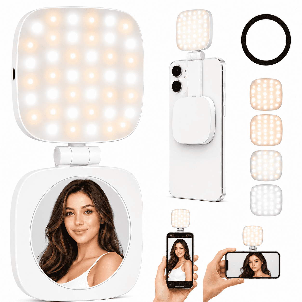 Portable Magnetic Selfie Light with Mirror, Rechargeable Phone Light, 4 Color Modes, 6 Brightness Levels, 360° Adjustable for Live Streaming & Vlogging, White