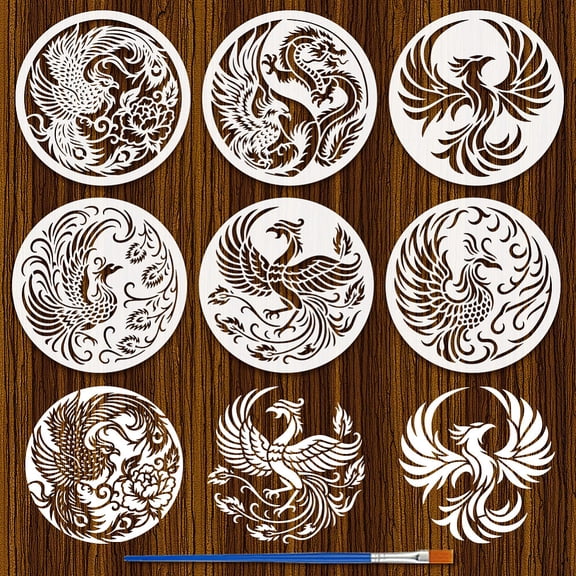 6PCS Phoenix Stencils with Brush 7.9x7.9inch Round Chinese Dragon Phoenix Pattern Stencil Firebird Template Animals Theme Template