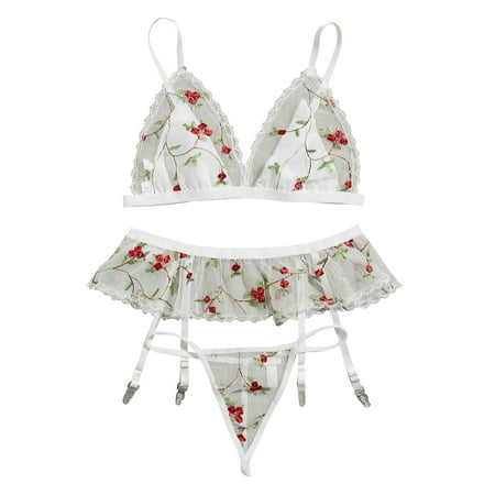 

Csengfiy 3PCS Bra Lace Embroidery Bow Tie Sleepwear Underwear Lingerie Flower Lace