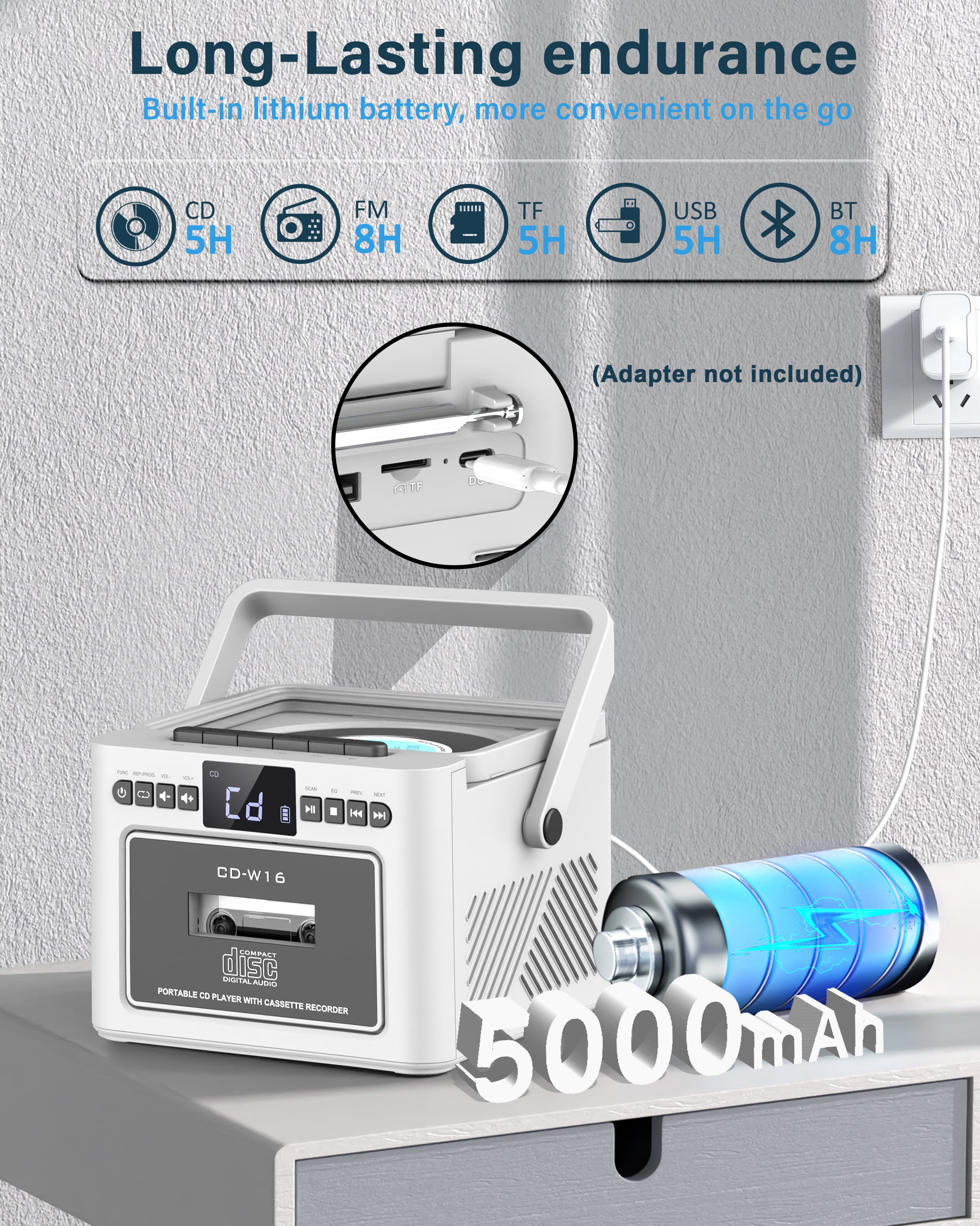 Greadio 5000mAh Rechargeable CD Player Boombox Cassette Player Combo with Bluetooth, FM, Music