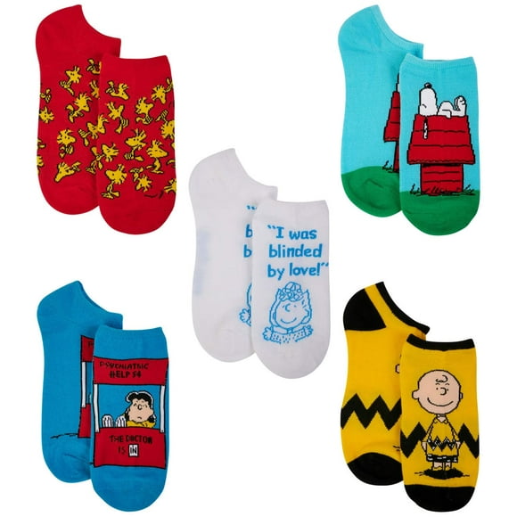 Peanuts womens Peanuts 5 Pack No Show Casual Sock, Multi-colored (Black/White/Pink/Yellow), 9 11 US