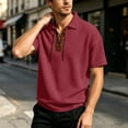 thumbnail image 2 of FINALGANG Mens Solid Color Polo Neck Short Sleeve Waffle Knit Lace Up TShirt For Casual Daily Wear Bohemian Style Outings Themed Party Activities Red S, 2 of 8