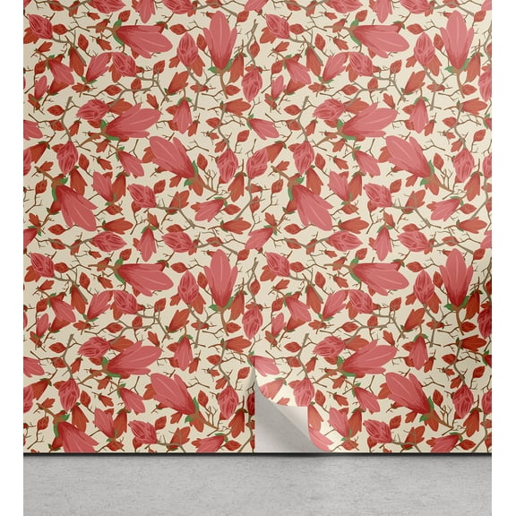 Ambesonne Magnolia Pattern Peel & Stick Wallpaper for Home, Art Delicate Bloom, 13"x36", Pale Ruby Fern Green