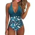 thumbnail image 2 of Women's One Piece Bikini Swimsuit Print Patchwork Backless Halter Tie with Removable Bra Pads No Underwire for Beach Vacation,Green,M, 2 of 7