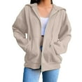 thumbnail image 3 of Women's Solid Color Zip Up Hooded Sweatshirt, Oversized Loose Fit with Drawstring Hood and Pockets, Thick Warm Material for Fall Winter Fashion, Casual Jackets for Streetwear, Daily Wear Khaki S, 3 of 8