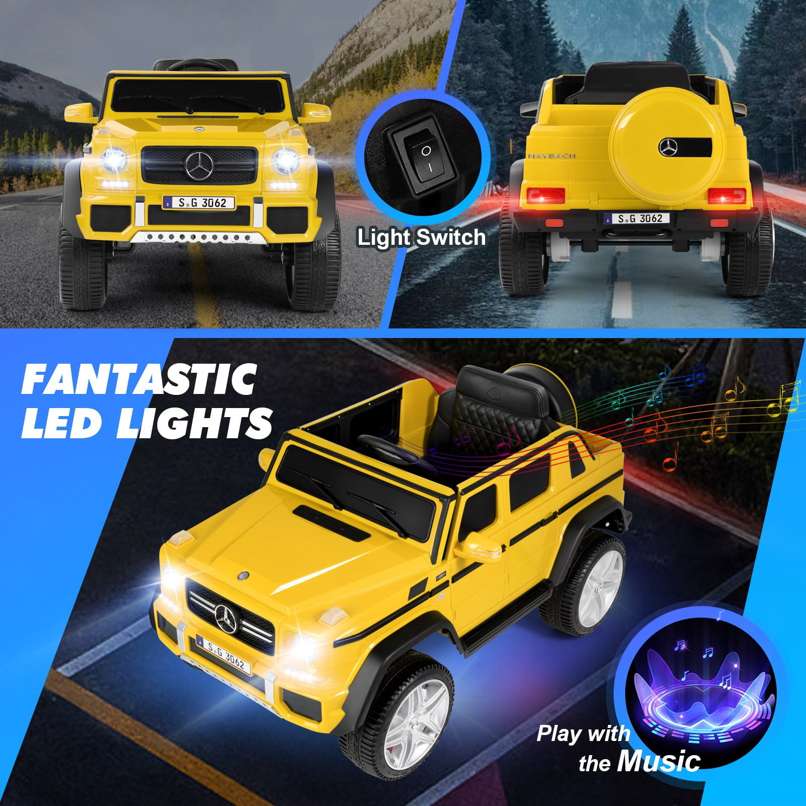 12V Battery Powered Kids Ride on Car Mercedes-Benz Electric Toys Truck 3 Speeds,LED Lights,Music with Remote Control(Yellow)