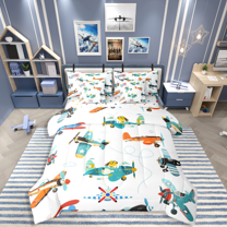 Homewish Cartoon Plane 7-Piece Twin Bedding Sets for Kids Children Boys,Kawaii Airplane Bedding Comforter Set,Transportation Theme Breathable Sheet Sets,Ultra Soft Home Decor,Reversible