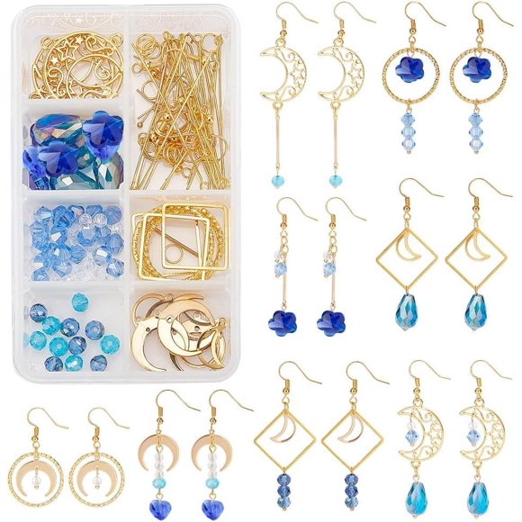 1 Box DIY 8 Pairs Blue Moon Earrings Making Starter Kit Including Moon Geometric Linking Connector Charms Teardrop Flower Beads Earring Findings for Women Earring Making Crafts