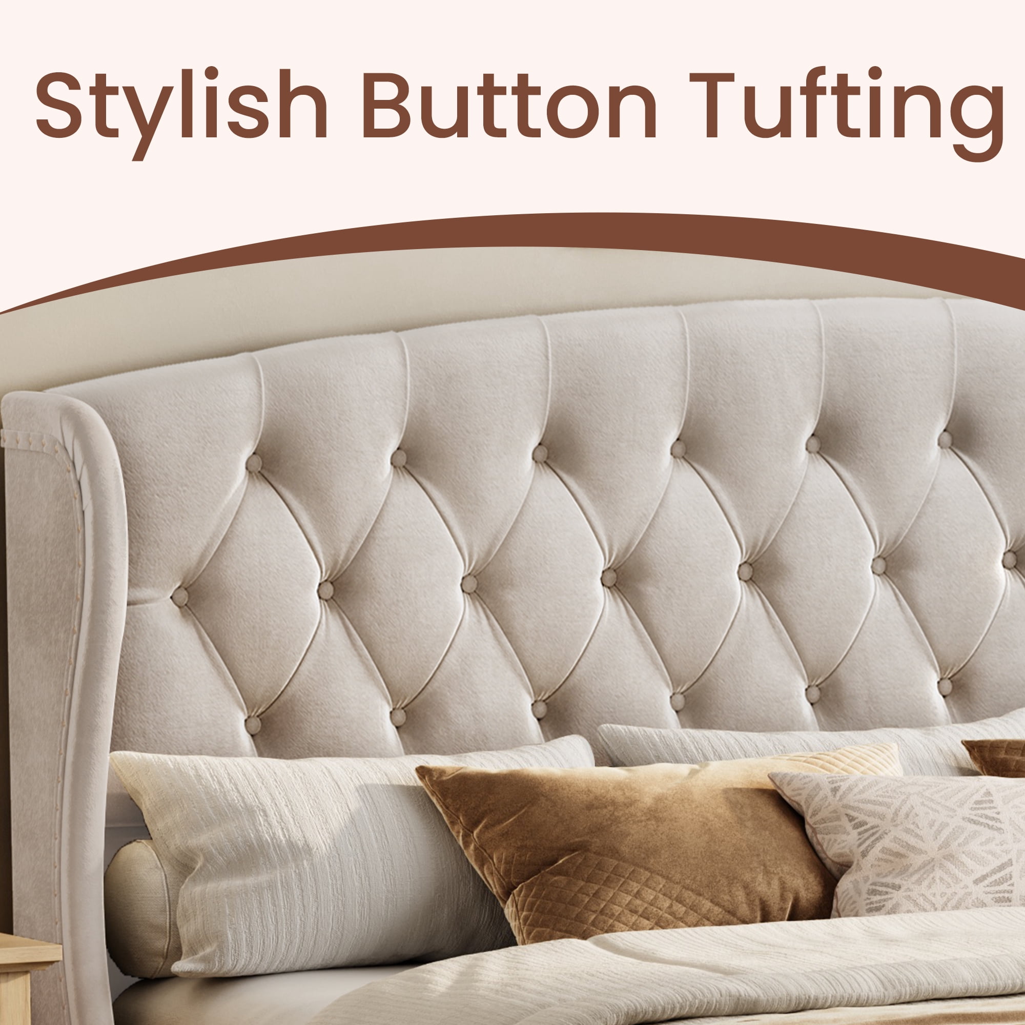 LEDREM King Size Upholstered Platform Bed Frame, 50-Inch Tall Wingback Tufted Headboard & 25-Inch Footboard, 1000 lb Capacity, Cappuccino Beige