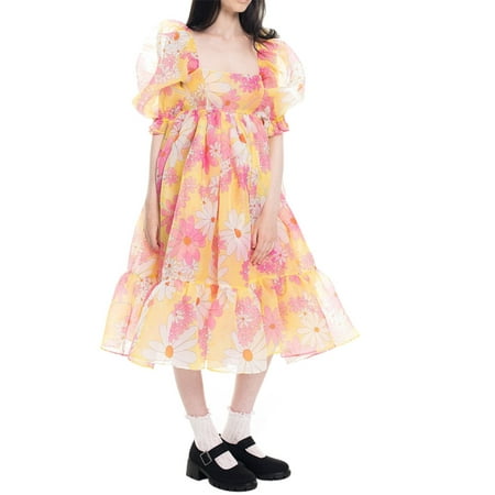 

LSFYSZD Women Floral Print Dress Summer Ruffled Square Collar Short Puff Sleeve One-piece