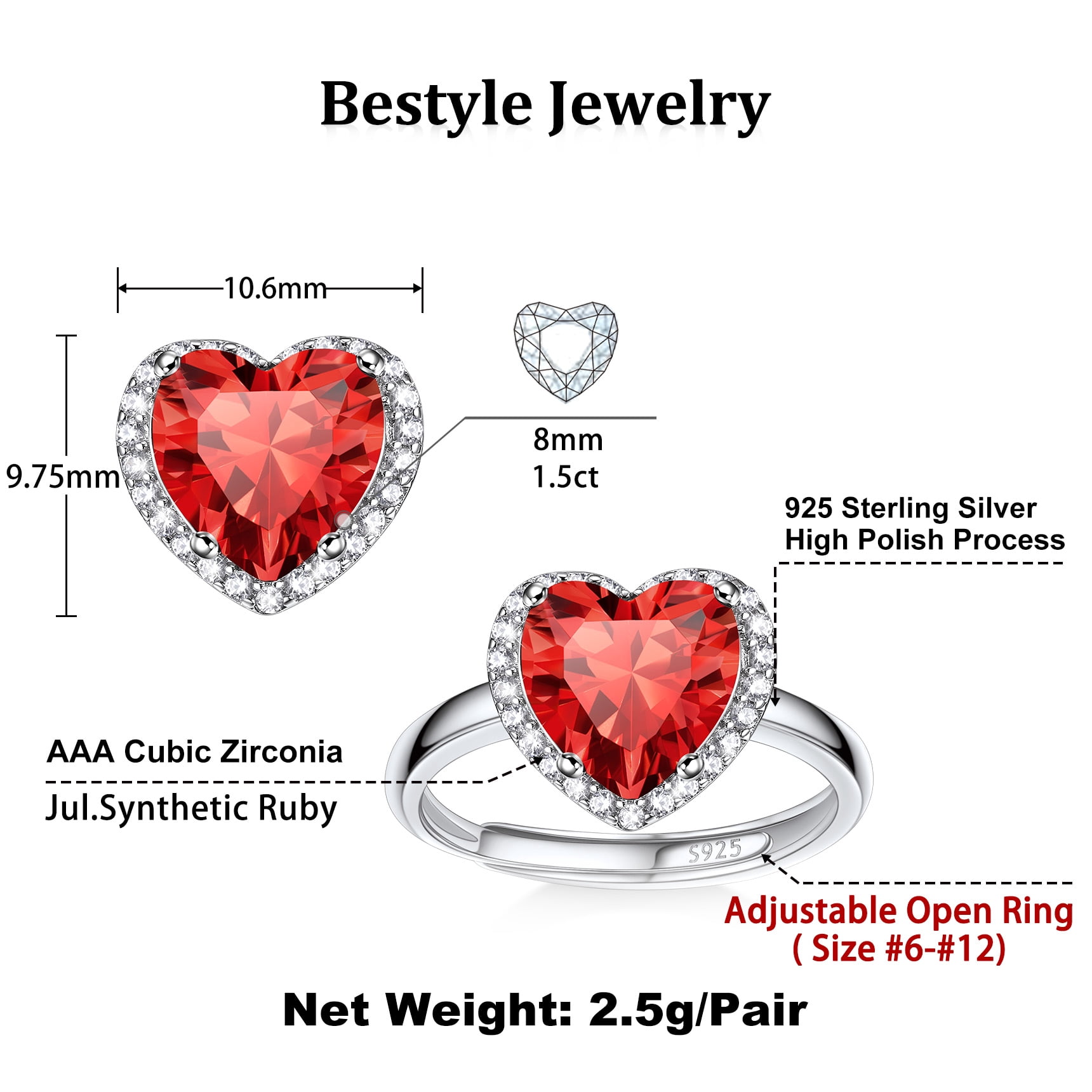 Bestyle Pure S925 Sterling Silver Heart Rings for Women Sparkle Open Band Ring July Created Ruby Rings Mother's Day Gift Size 6-12