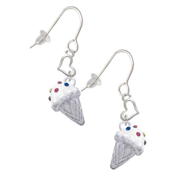 3-D Vanilla Ice Cream Cone with Crystal Sprinkles Heart French Earrings