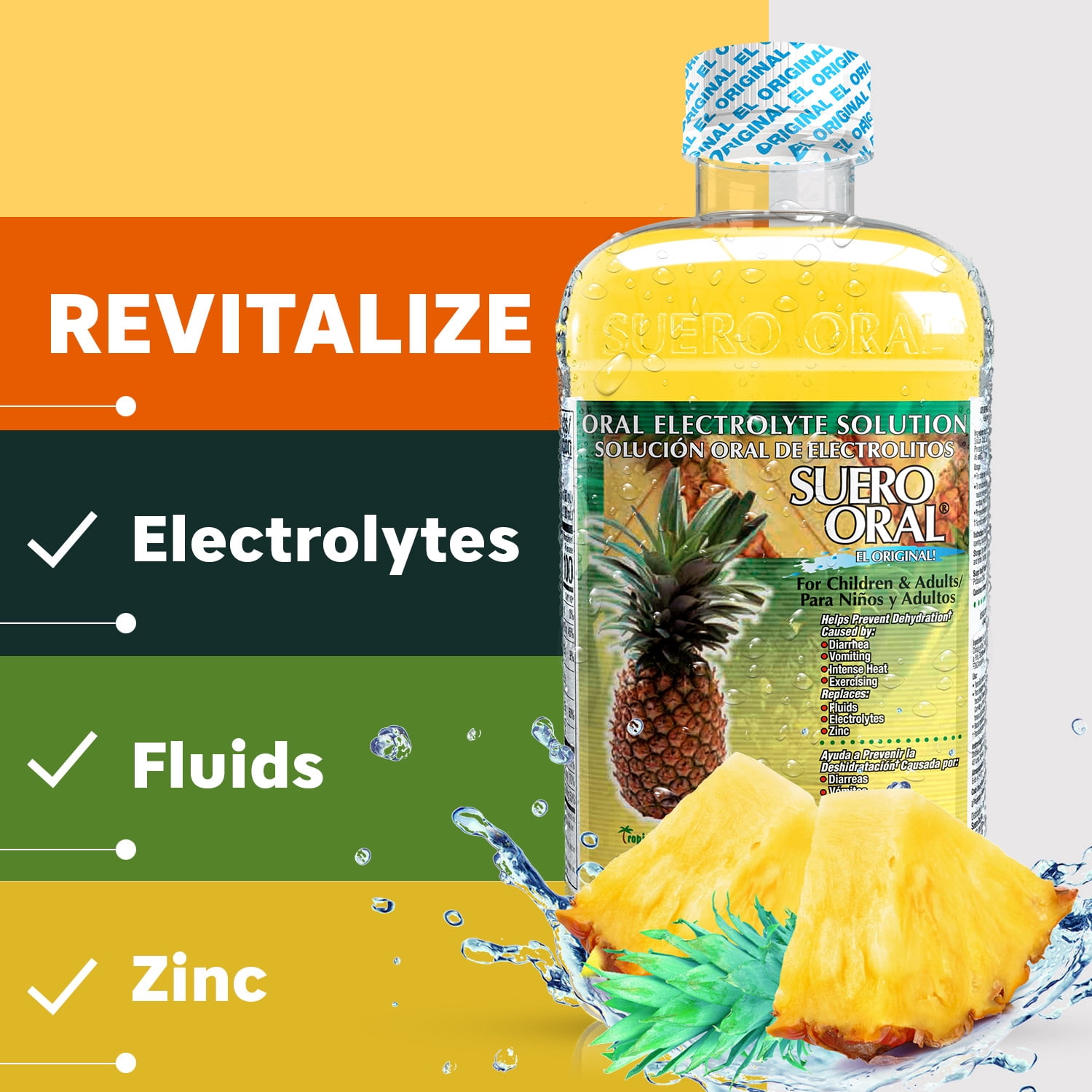 Suero Oral Electrolyte Solution - Hydration Booster for Kids & Adults, Pineapple Flavor, 1 Liter