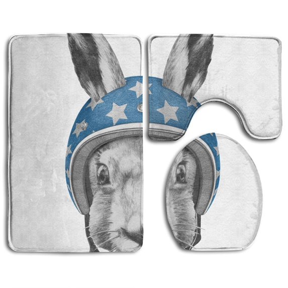 GOHAO Portrait Rabbit Helmet Drawn 3 Piece Bathroom Rugs Set Bath Rug Contour Mat and Toilet Lid Cover