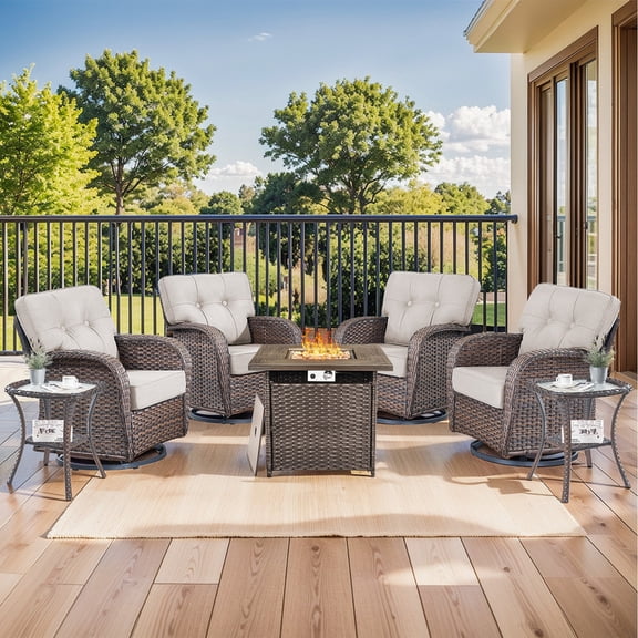 Gymojoy Outdoor 7-Piece Patio Furniture Set with 5 inch Thick Swivel Glider Chairs and 30 Inch Square Fire Pit Table, Wicker Deep Seat Outdoor Conversation Set for Balcony Deck