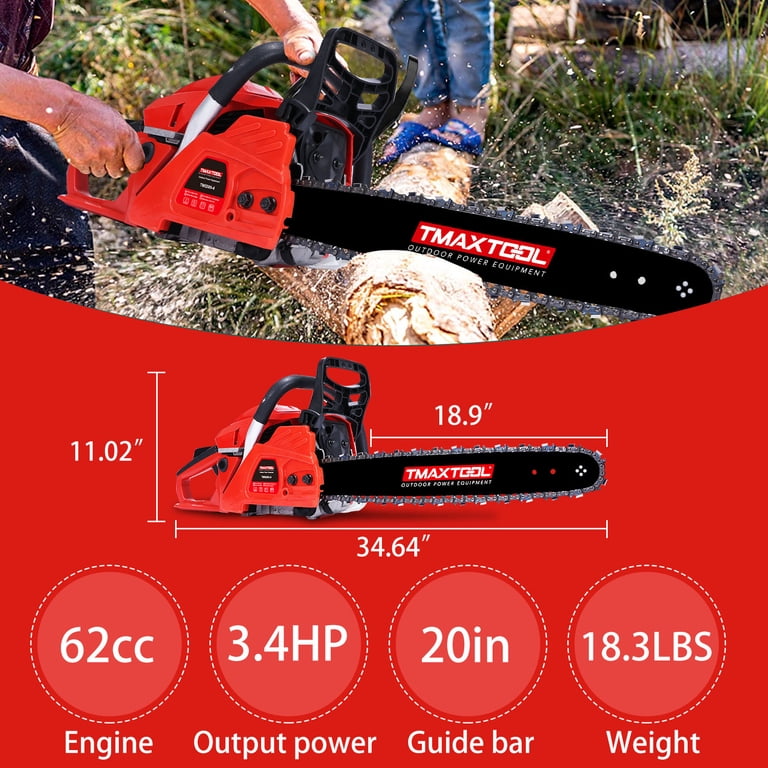 TMAXTOOL 62cc 20 inch Powered Gasoline Chainsaw with 2 Stroke for