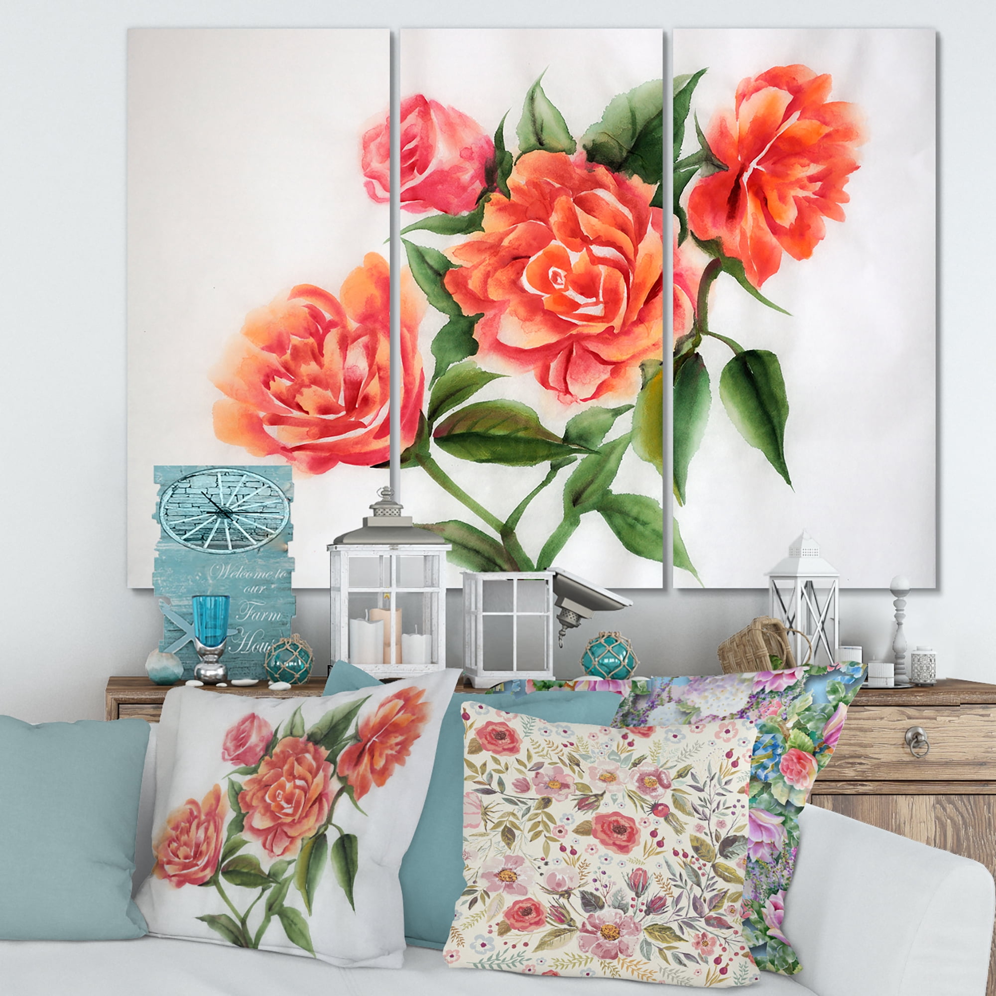 Orange VIntage Roses With Green Leaves 28 in x 36 in Painting Canvas Art Print, by Designart