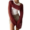 thumbnail image 1 of Women Swimwear Cover-Ups Over Long Sleeve Crochet Shirt Solid Color Bathing Suit Coverup Crop Top Red,S, 1 of 6