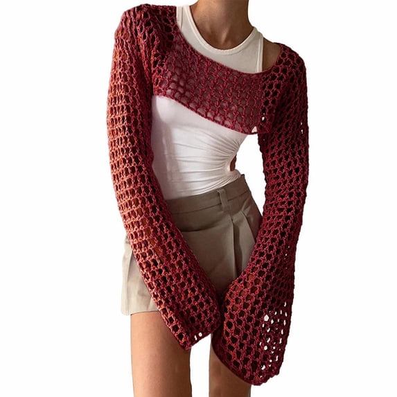 Women Swimwear Cover-Ups Over Long Sleeve Crochet Shirt Solid Color Bathing Suit Coverup Crop Top Red,S