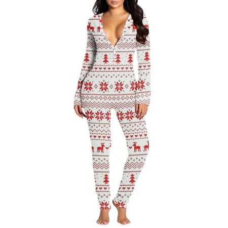 

Womens Christmas Onesie Pajamas Sexy Butt Button Flap Long Sleeve Adults Sleepwear Romper Pajama Bodysuit Jumpsuit
