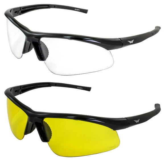 Global Vision 2 Pairs Ambassador Safety Glasses Scratch-Resistant Black Frame w/ Clear & Yellow Lenses ANSI Z87+