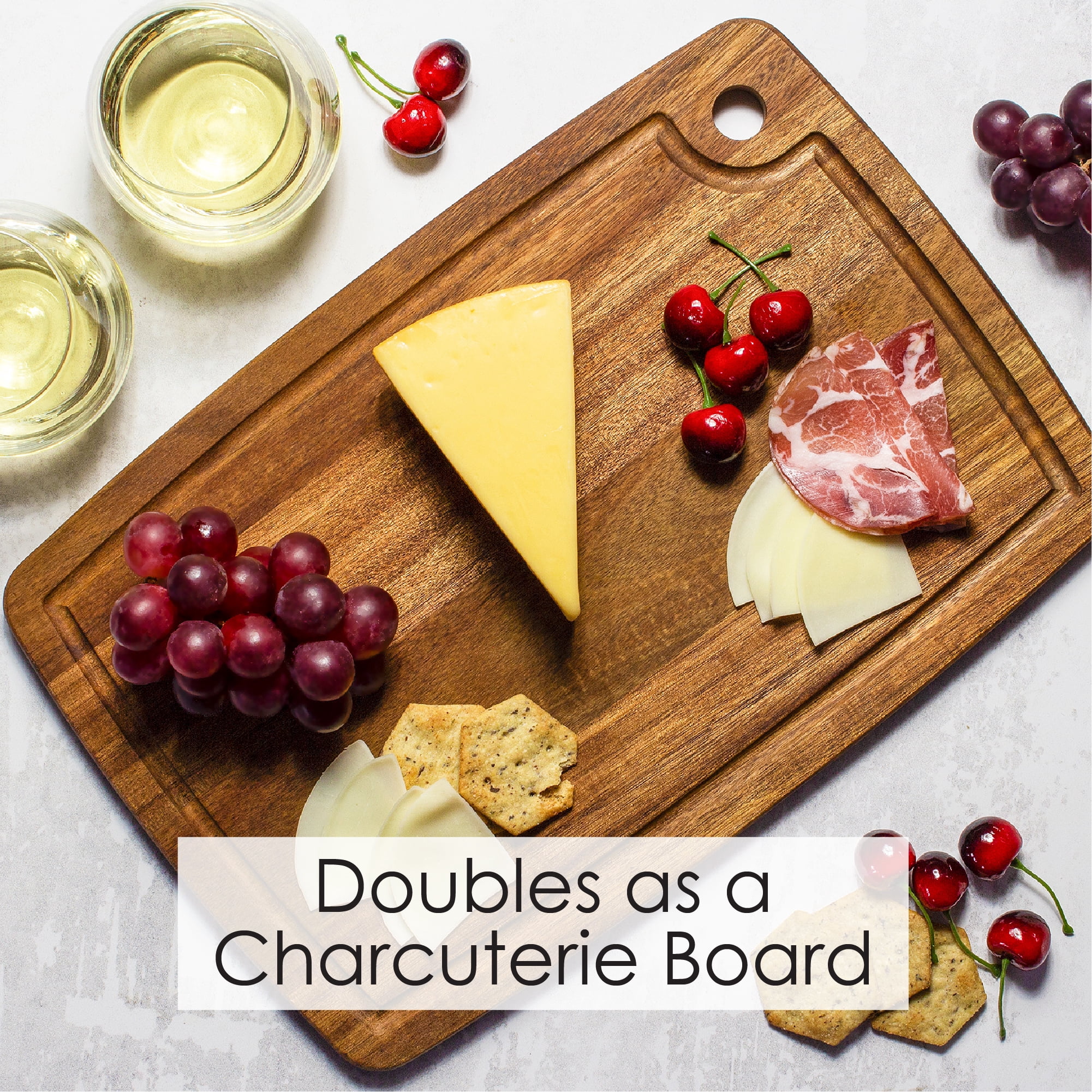 TB Home Acacia Wood Cutting Board with Juice Groove, 15" x 10"