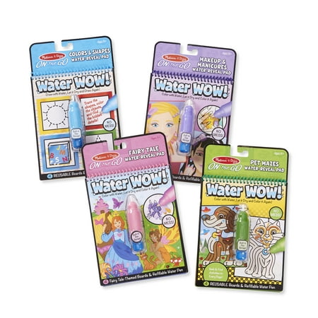 Activity Pack - Melissa & Doug Water Wow Reusable Color-with-Water Travel Activity Pad 4 Pack – Pets, Colors, Fairy Tale, Makeup Toy