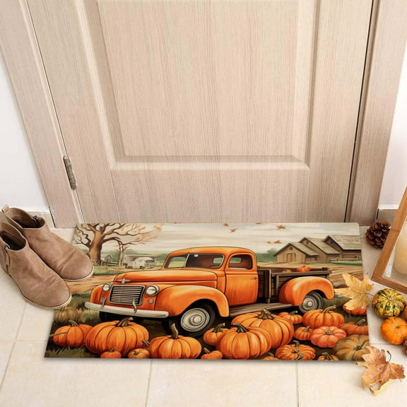 Byujiro Thanksgiving Truck Pumpkin Doorway Floor Mat Entrance Dirt Foot Mat Pumpkin Decor Fall Decor