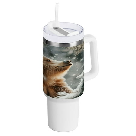 

40 Oz Car Handle Water Bottle 10.8x3.85 Inch Handle And Straw Travel Water Bottle Reusable Stainless Steel Water Bottle Christmas Cute Bear