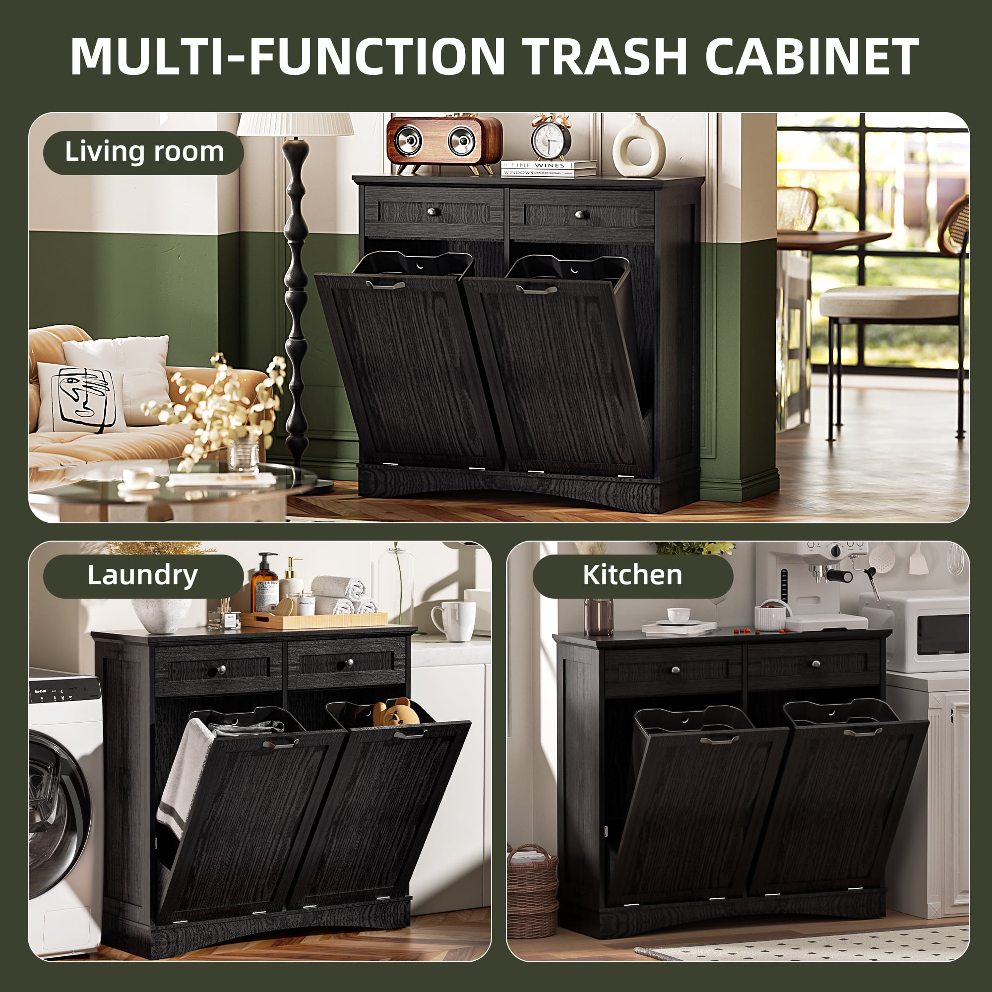 HARIPUL Double Tilt Out Trash Cabinet, 26 Gallon Trash Can Cabinet with Drawers & Handles for Kitchen, Black