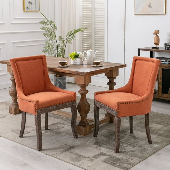Dining Chairs Set of 2, Upholstered Dinning Chairs with Bronze Nailhead and Solid Wood Legs, Classic Ultra Side Dinner Chair for Living Room Kitchen, Orange