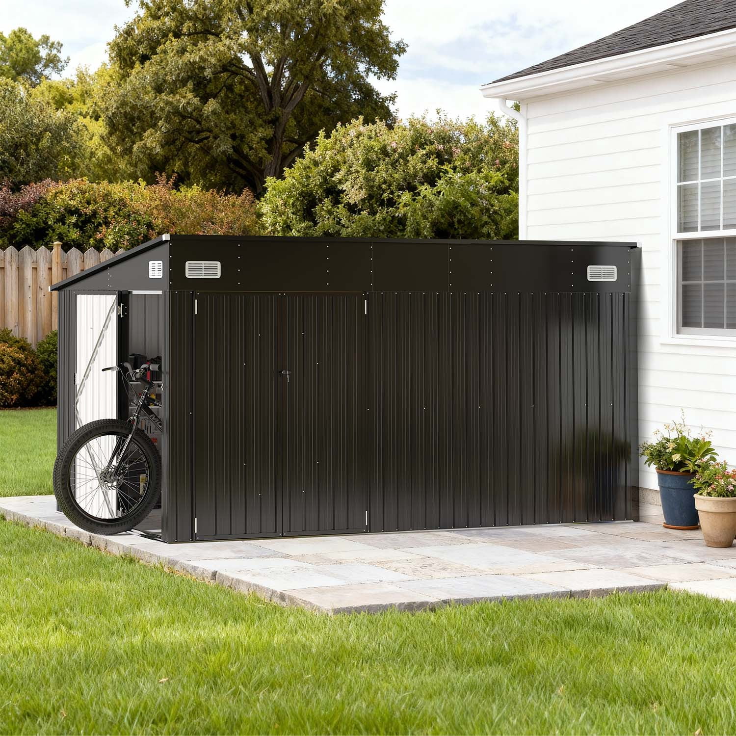 BaPiPro 12' x 8' Metal Outdoor Storage Shed, Tool Shed with Triple Lockable Door & Sloped Roof for Backyard & Patio, Black