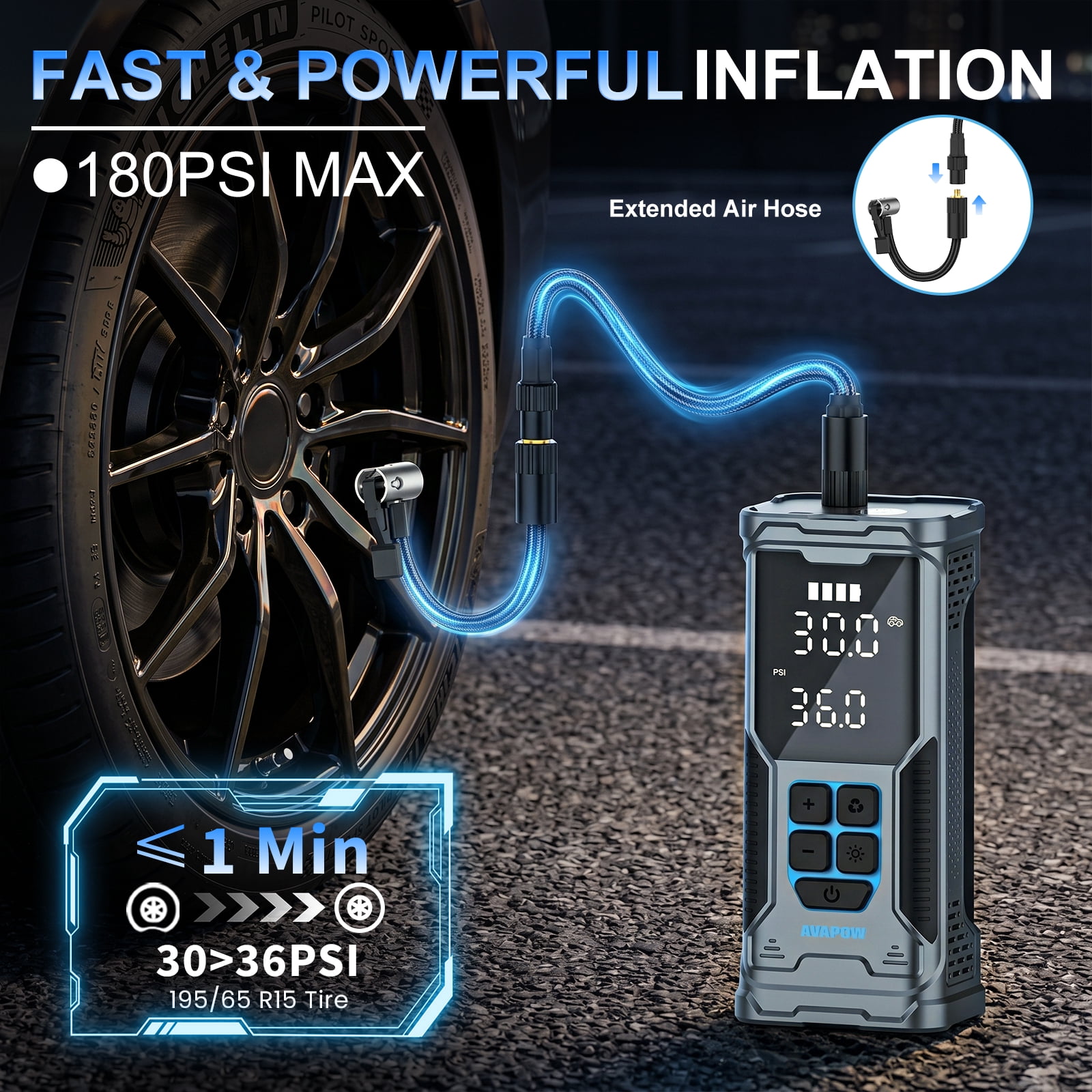 AVAPOW 180PSI Cordless Tire Inflator, Portable Air Pump for Car Tires with Auto Shutoff, Digital Pressure Gauge & LED Light, Fast Inflation for Car/Truck/Bike/Motorcycle/Ball