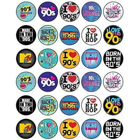 30 x Edible Cupcake Toppers Themed of 90s Party Collection of Edible Cake Decorations | Uncut Edible on Icing Sheet