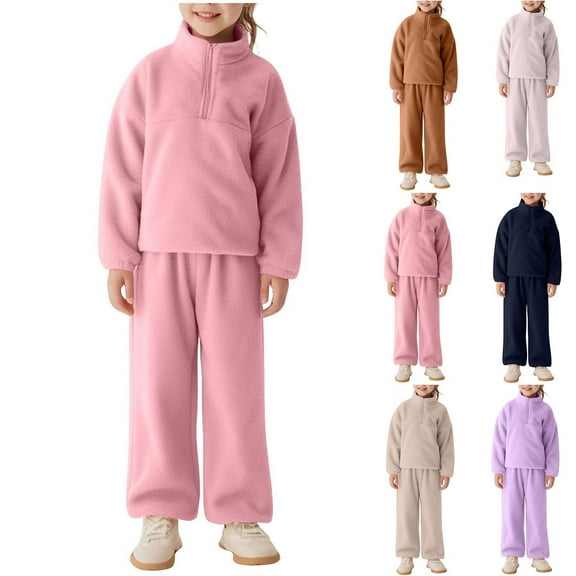 WRKEKC Toddler and Kids Winter Outfits 2-Piece Cozy Warm Plush Fleece Solid Color Long-Sleeve Half-Zip Top and Cuffed Elastic-Waist Jogger Pants Casual Wear Set 0 to 6 Years