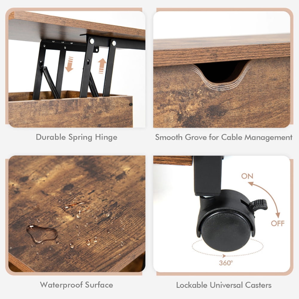 Finihen End Table, Lift Top End Table with Charging Station and Universal Wheels, Sofa Side Table, Bed Side Table, for Living Room, Bedroom, Rustic Brown Finihen End Table, Lift Top End Table with Charging Station and Universal Wheels, Sofa Side Table, Bed Side Table, for Living Room, Bedroom, Rustic Brown