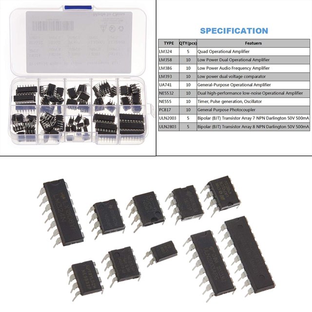 85 piezas de chips IC ULN2803 PWM OPAMP LM393 UA741 LM386 LM324 ULN2003 de caja de chips de circuito surtido para montaje diario Cola Chip de circuito integrado