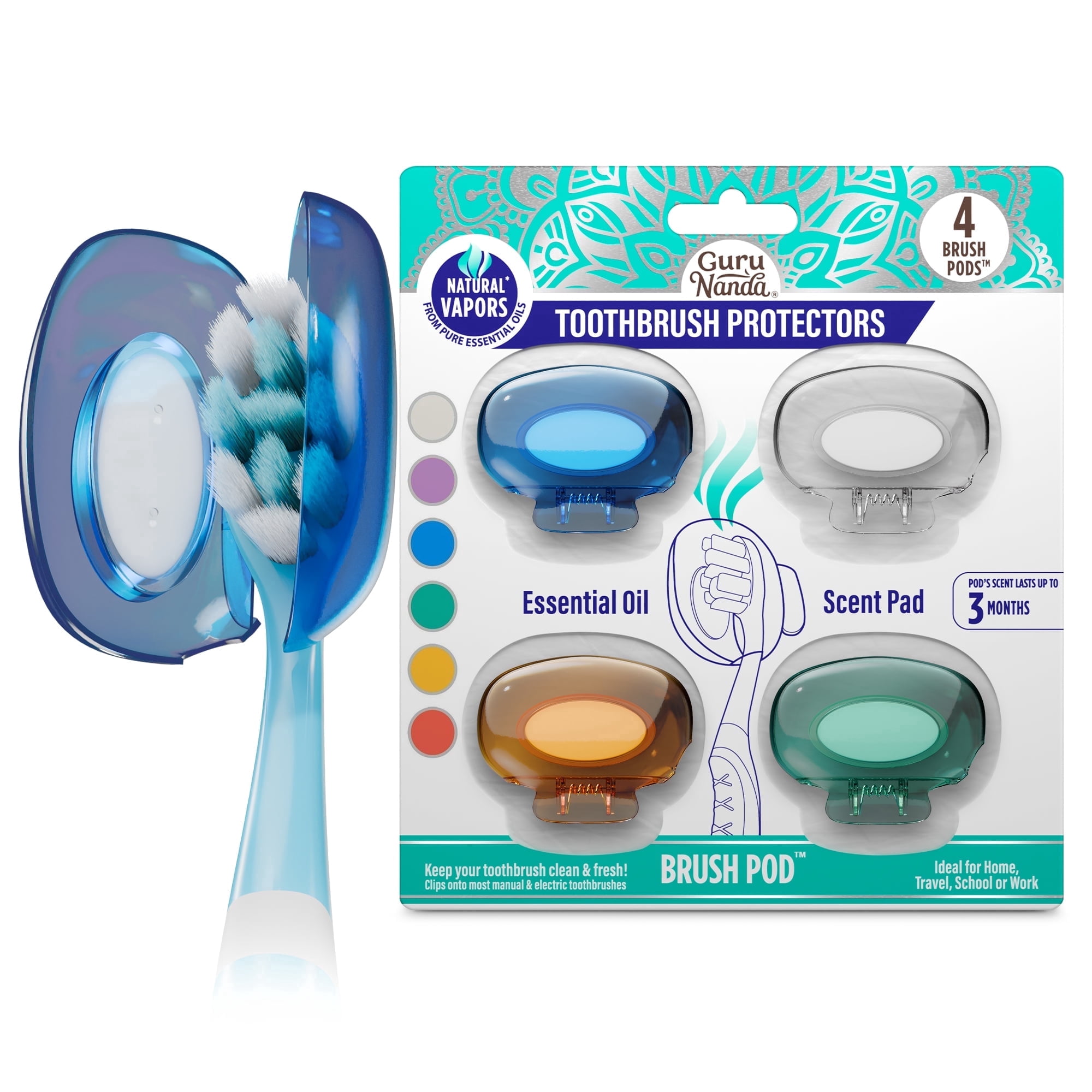 GuruNanda Brush Pod Toothbrush Protector Cover Cap, Various Colors, 4 Count