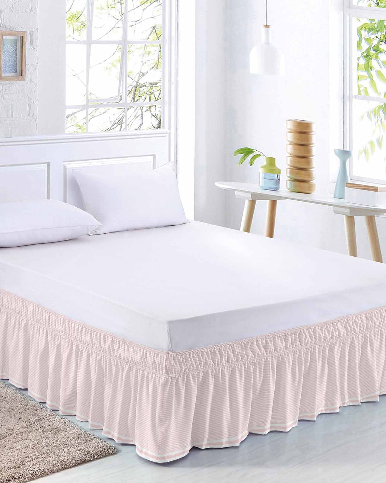 Farmhouse Pink White Striped Bed Skirt King Size, Modern Stripes Wrap Around Bed Skirting with Adjustable Elastic Strap, Dust Ruffle Pleated Bedskirts 16 Inch Drop for Bedroom King Beds