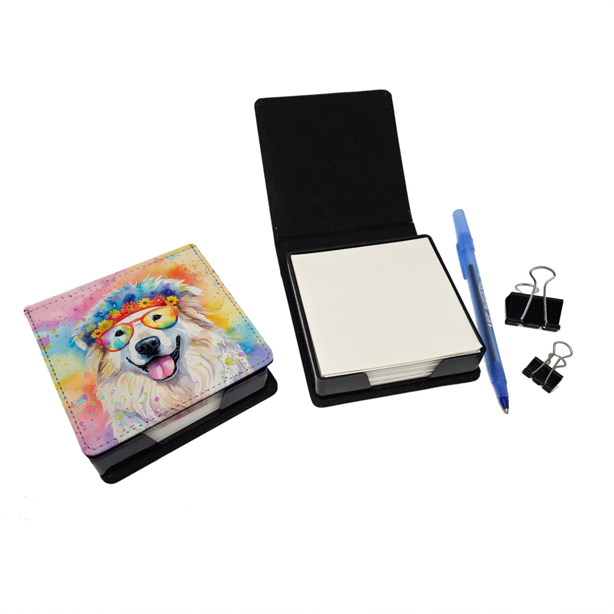 Great Pyrenees Hippie Dawg PU Leather Note Paper Holder with -Designed Cover  Desk Accessory  Office Gift