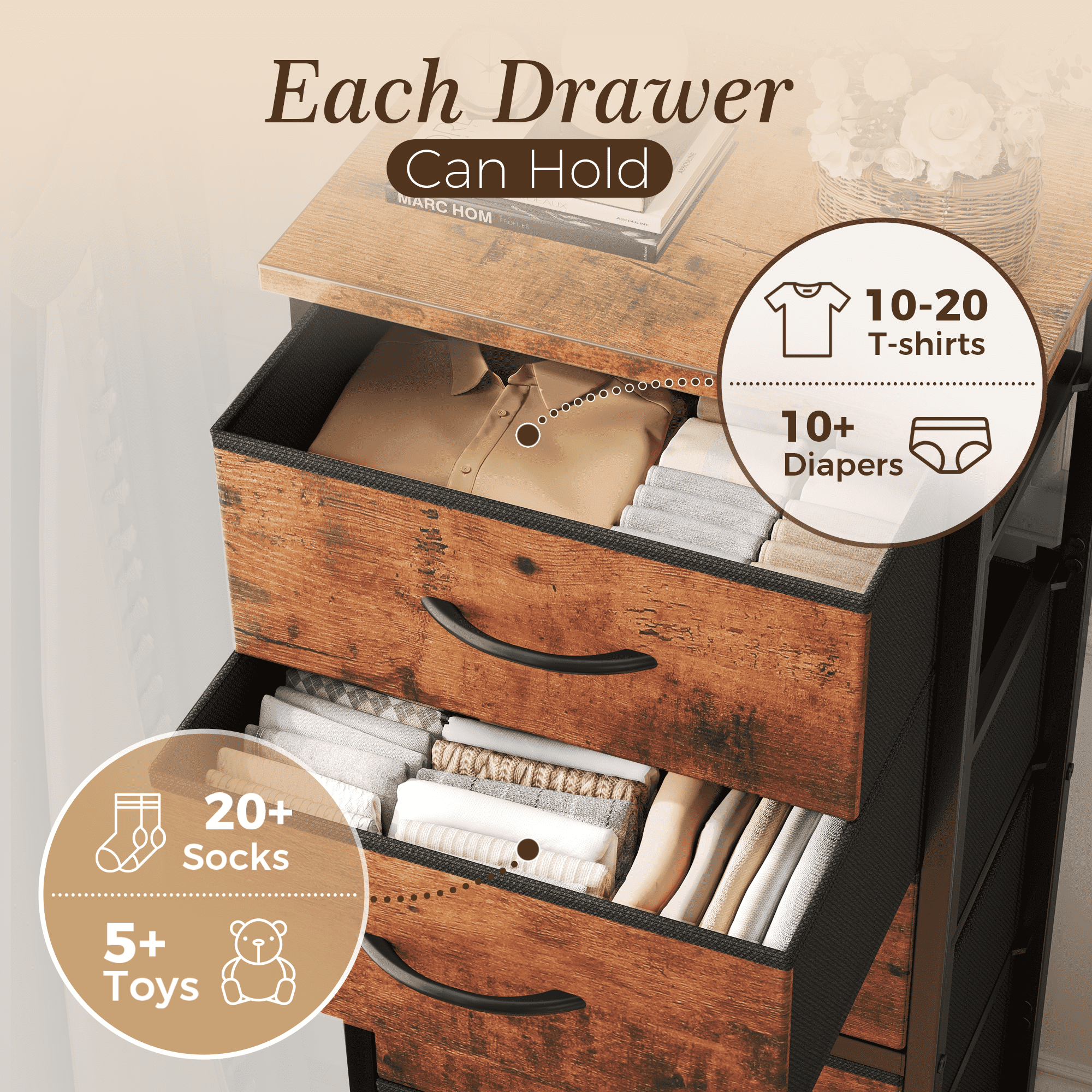 CONCETTA Tall Storage Dresser with 6 Fabric Drawers, Metal Frame with Cross Support Rods, Anti-Tip, Wood Top for Bedrooms, Offices and Compact Spaces, Rust