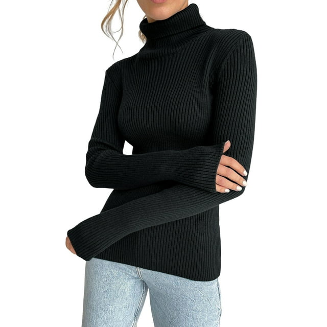 Suéteres Acanalados para Mujer, Lindos Suéteres de Punto de Cuello Alto, Ajustados y Cálidos Negro un Tamaño