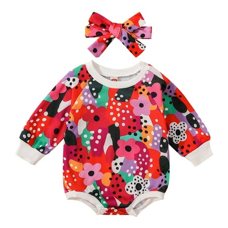 

Rovga Baby Girl Bodysuits Long Sleeve Floral Prints Romper Sweatshirt Bodysuits Headbands Set