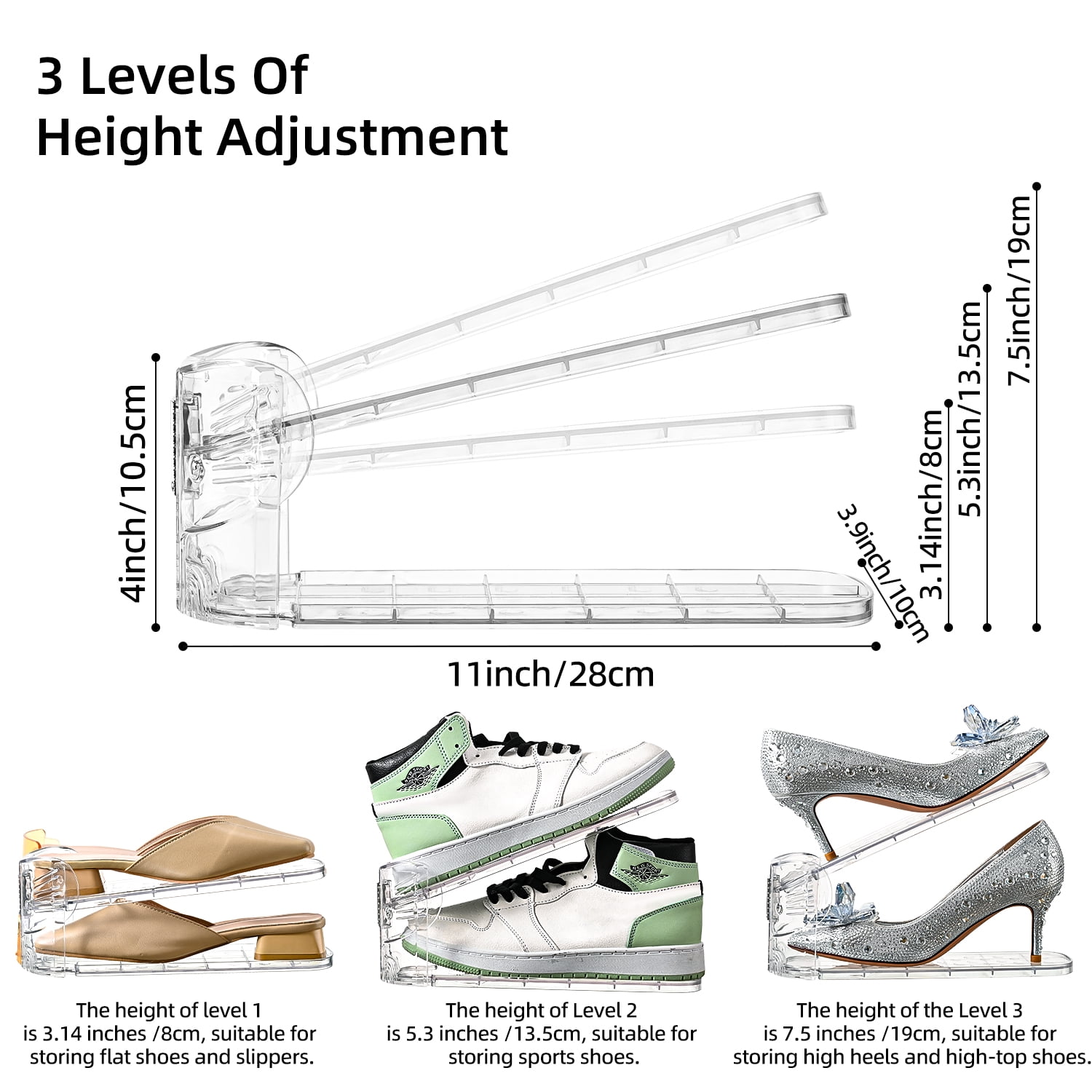 Shoe Slots Organizer,Elephant Shoe Rack Stable and Thick,Clear Shoe Stacker with 3 Adjustable Level for Sneakers Display (Transparent - Silver, 12Pack)